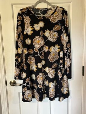Black Floral Long-Sleeve Swing Dress - Yellow & Brown Floral. Has pockets!